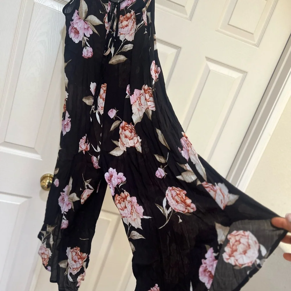 Audrey 1+3 Black floral Wide Leg Jumpsuit Boho Resort Chic small